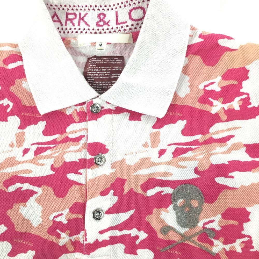 マークアンドロナ 半袖ポロシャツ 白×ピンク 迷彩総柄 スカル カモフラ