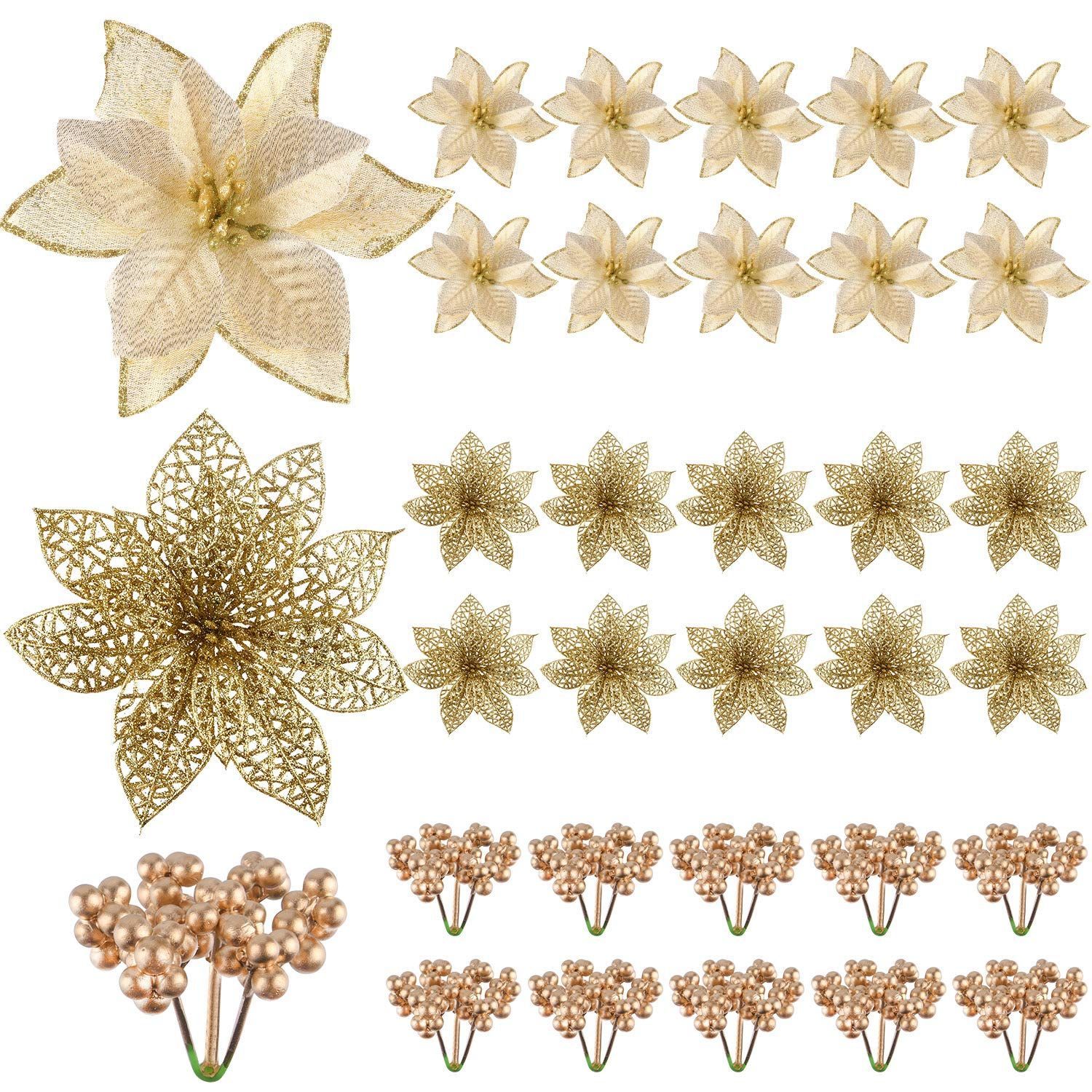 【新着商品】KUUQA 30PCS クリスマスツリー飾り オーナメント 造花 クリスマスリース クリスマス花輪 玄関 飾り ベリー（ゴールド）