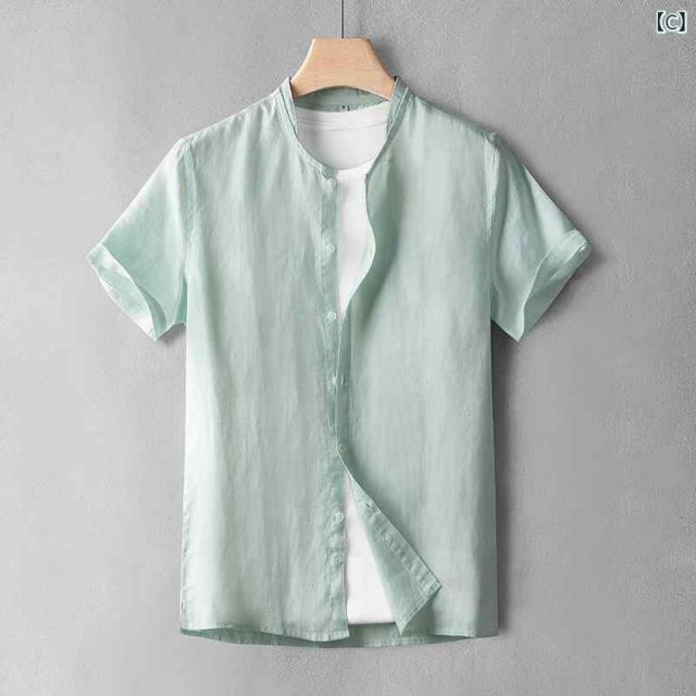 3 XL 87.5〜95 kg メンズ ファッション 服 男性用 オシャレ シンプル 大人 かっこいい 大きいサイズ ストリート 紳士服 スタンドカラー 半袖 リネン シャツ 夏 薄手 トップス カジュアル 快 生地