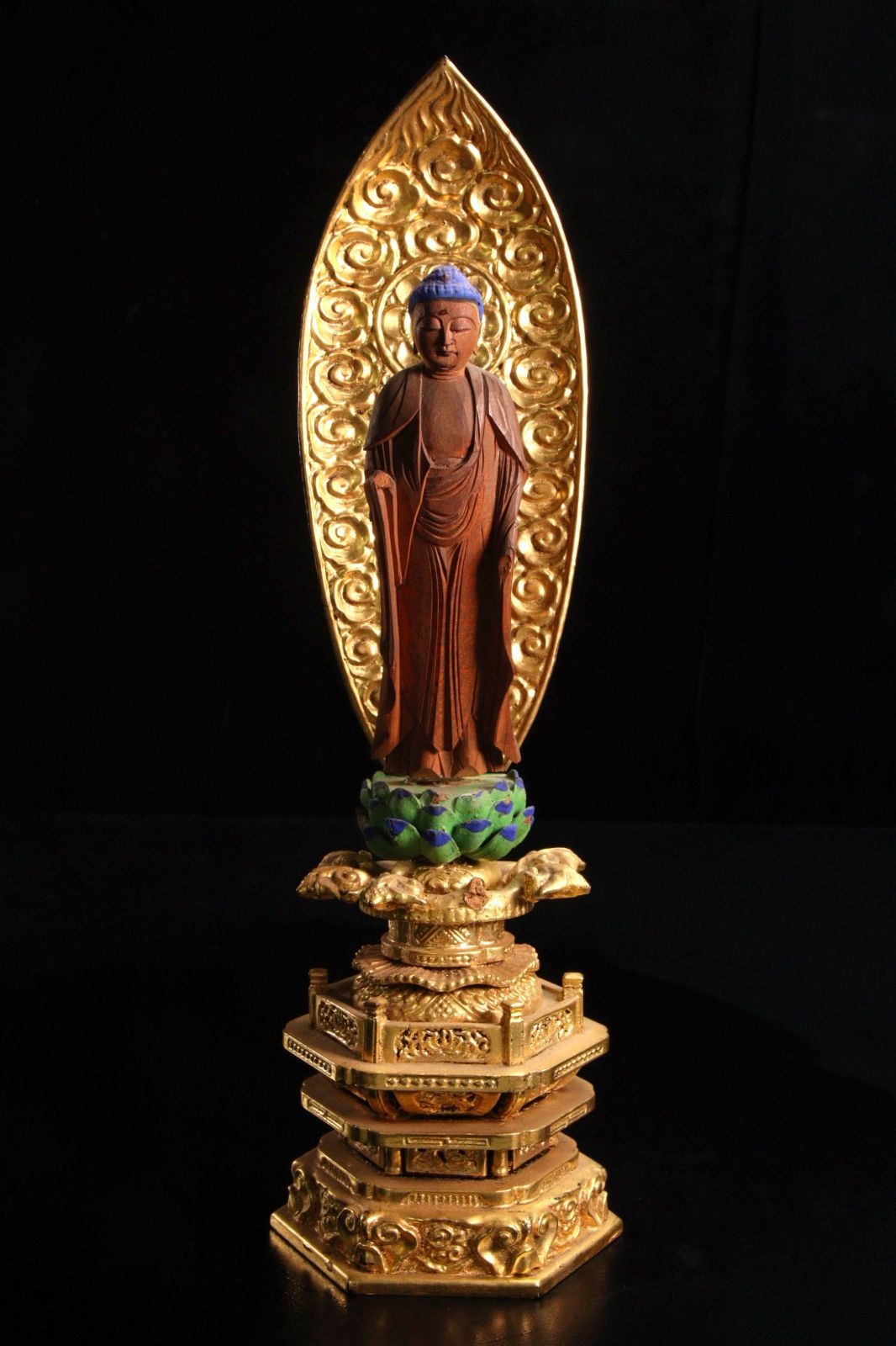 時代 仏教美術 木彫 彩色 阿弥陀如来立像 26.5cm 釈迦如来 仏教 印相 光背