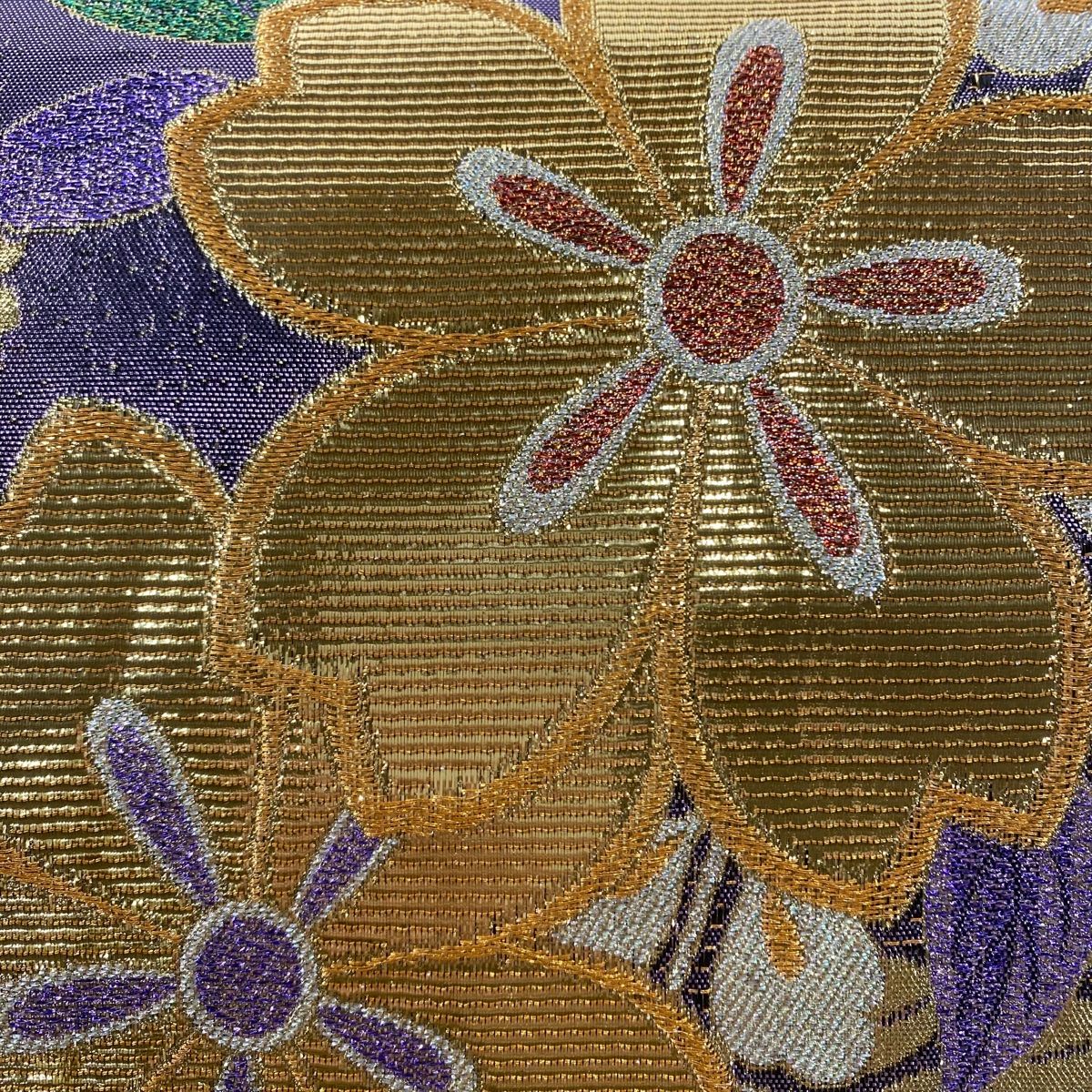 袋帯 美品 名品 やまと リバーシブル 桜 流水 金銀糸 ラメ箔 黒 六通 正絹