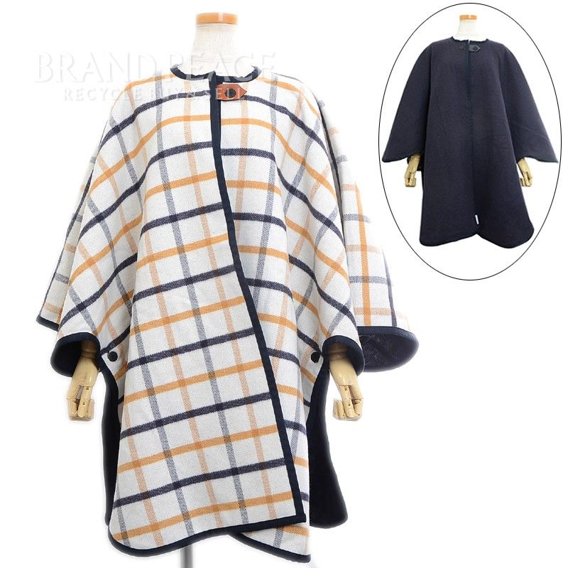 エルメス ケープ マント ポンチョ リバーシブル ホワイト チェック柄