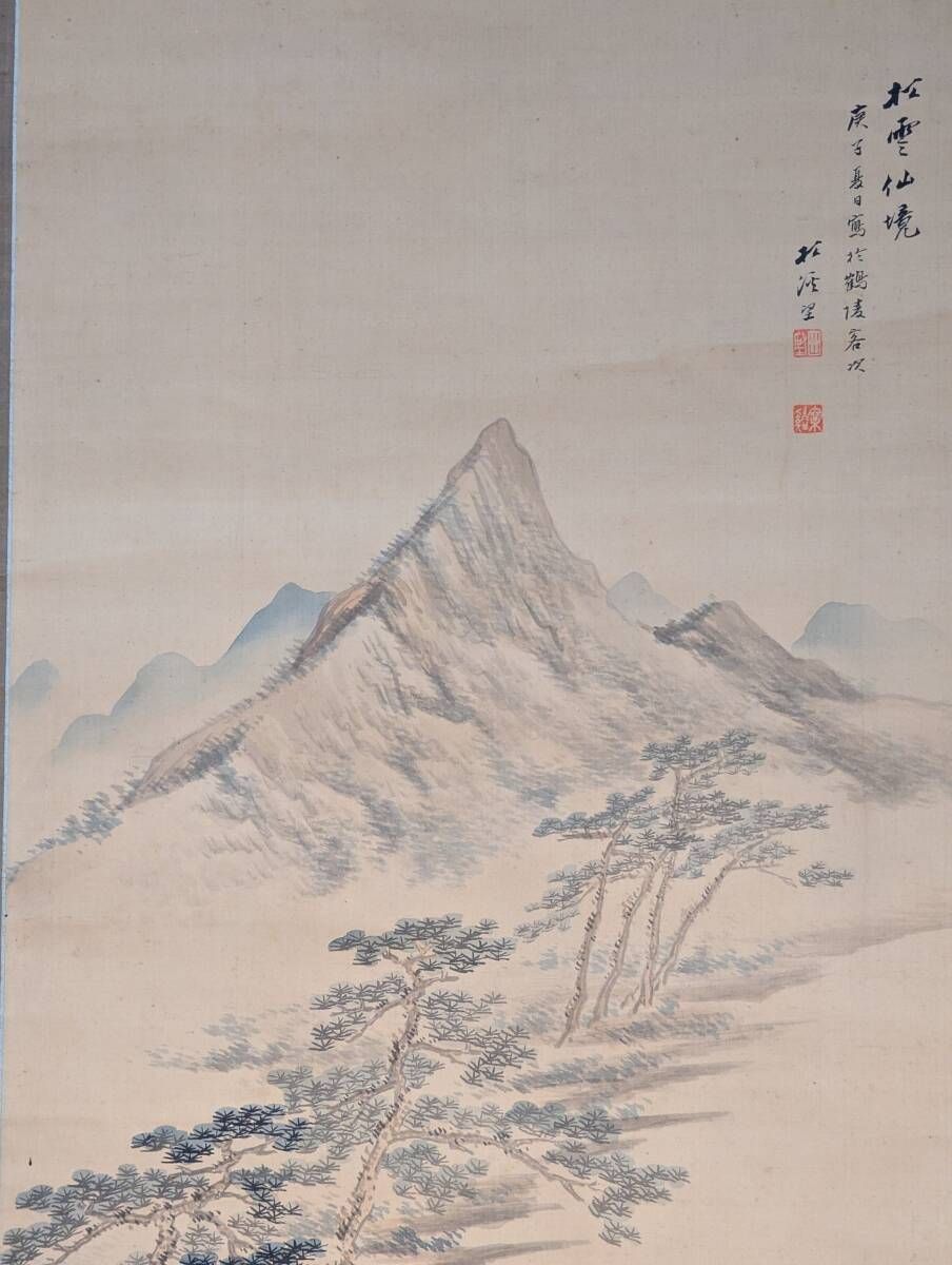 真作 掛軸 山水図 松林と渓谷の情景 南画文人画 合箱入 T91
