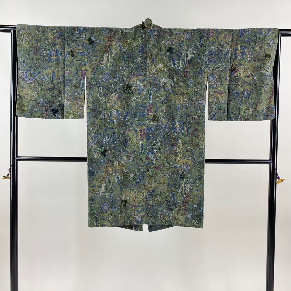 道中着 身丈100cm 裄丈65cm M 和装コート 着物衿 草花 緑 正絹