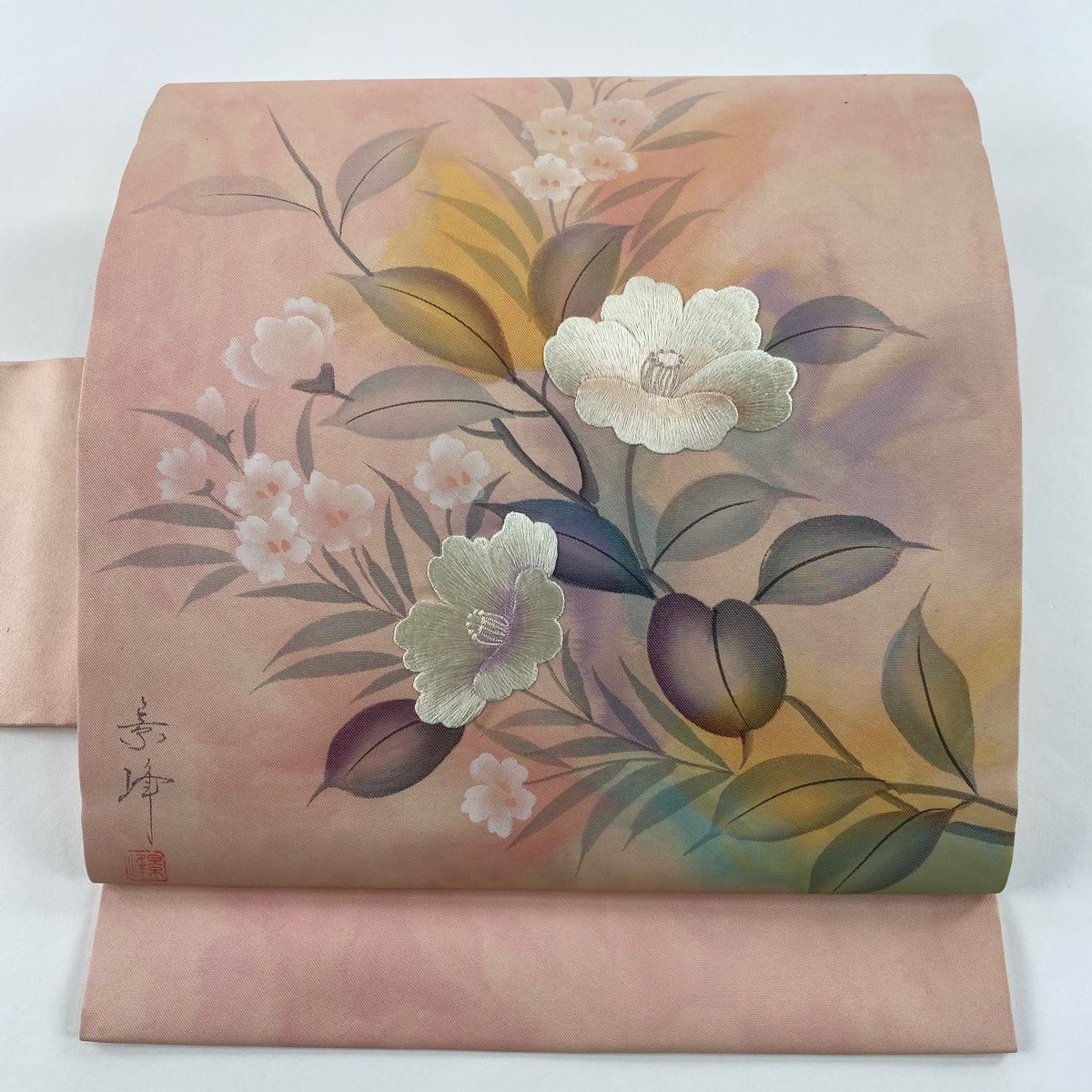 名古屋帯 優品 椿 草花 刺繍 箔 ピンク 正絹 【中古】 - メルカリ