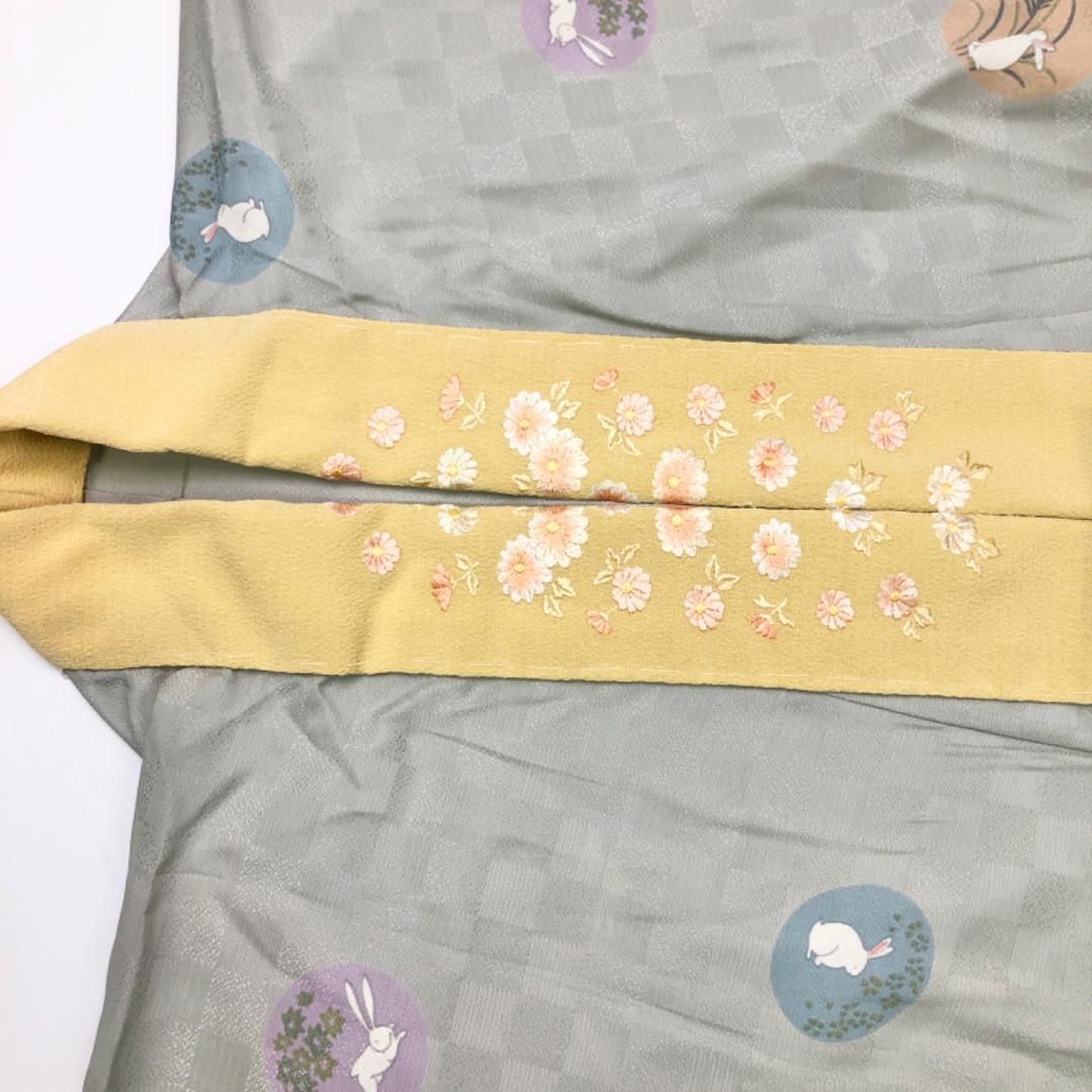 長襦袢 単衣 丸に兎 市松模様 付衿付 薄利休鼠色 しつけ糸 J-334 KIN-KAAI_COM