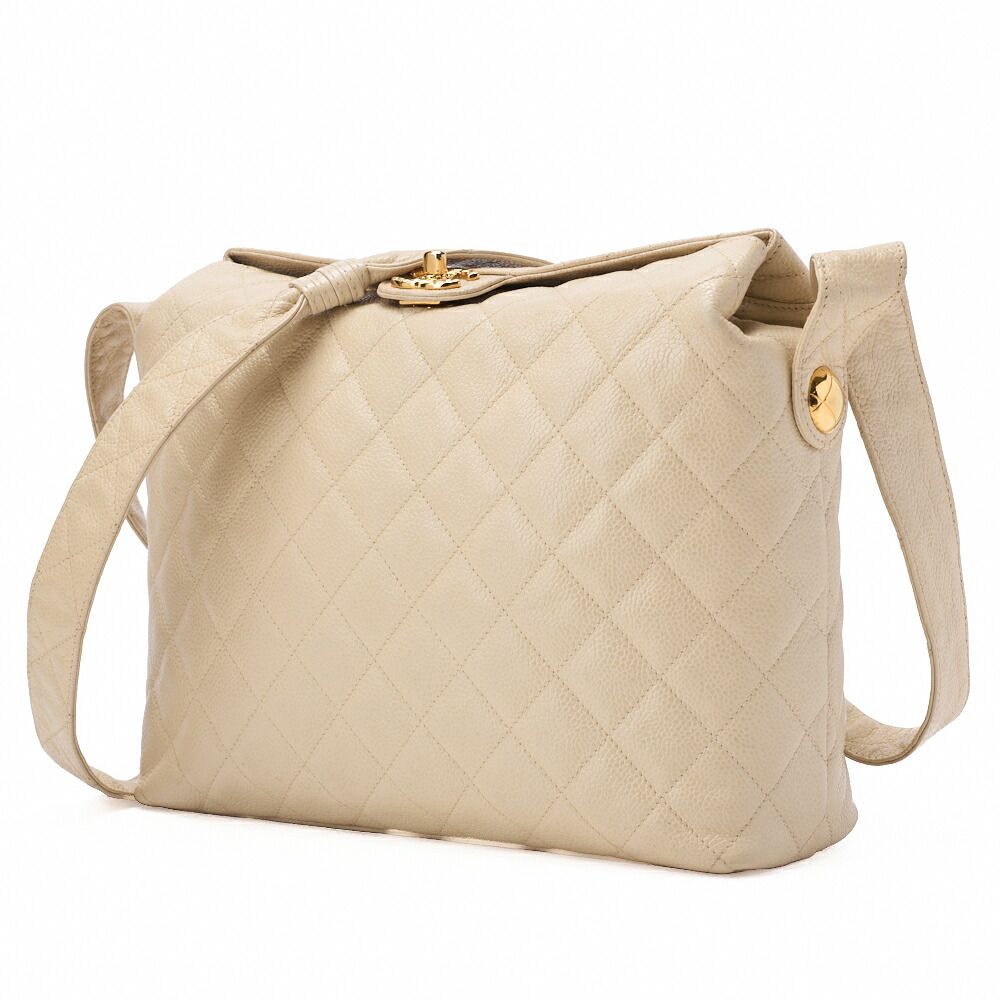 CHANEL シャネル マトラッセ 上部ココマーク ショルダーバッグ キャビアスキン ベージ ゴールド金具 レディース