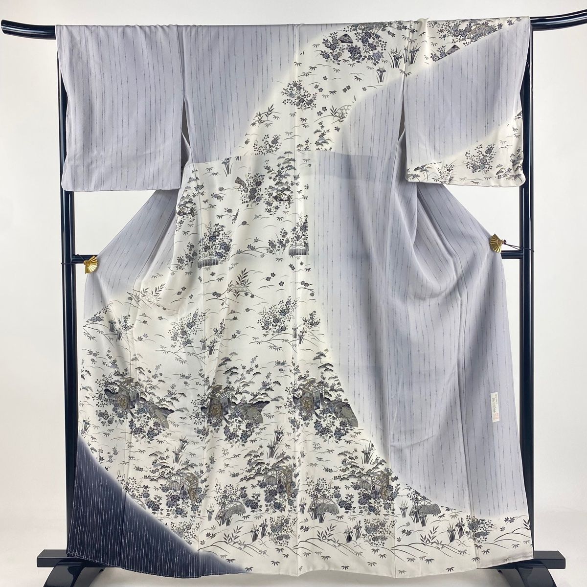 代引OK! 訪問着 身丈161cm 裄丈67.5cm L 袷 やまと 落款 御所車 松竹梅 金彩 ぼかし 灰色 正絹 秀品 【最安値】