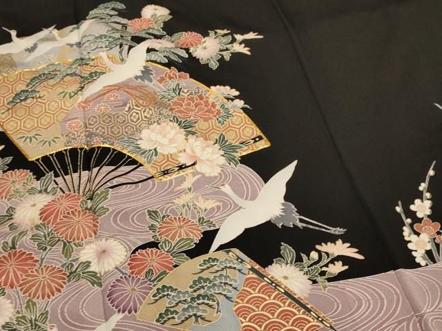 平和屋着物□豪華黒留袖 駒刺繍 扇面草花文 金彩 正絹 逸品 AAAU9105mf