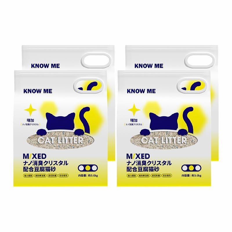 KNOW ME 猫砂 ネコ砂 猫の砂 3.6 kgx 4袋 固まる ベントナイトとおから 混ぜる 瞬時に固まる猫砂 除臭率96％ 静菌率92％ 効果的に異臭を取り除 低ホコリ ネコちゃんの健康を守ります 顆粒の大きさは均一で 吸収性もよく 素早く固まります