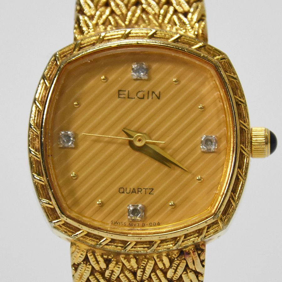 ABランク】ELGIN エルジン レディース 4Pダイヤ 腕時計 ゴールド