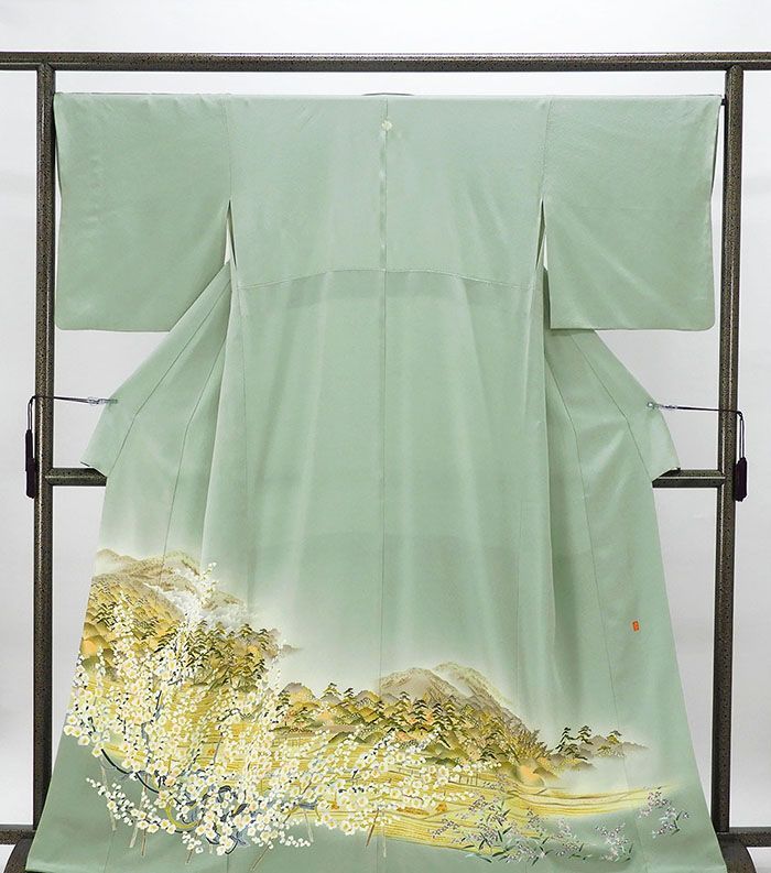色留袖 正絹 加賀友禅 茶谷孝志作 風景松桜 身丈162.5cm 裄丈67cm 揚羽蝶 一つ紋 リサイクル 着物 フォーマル レディース f4033