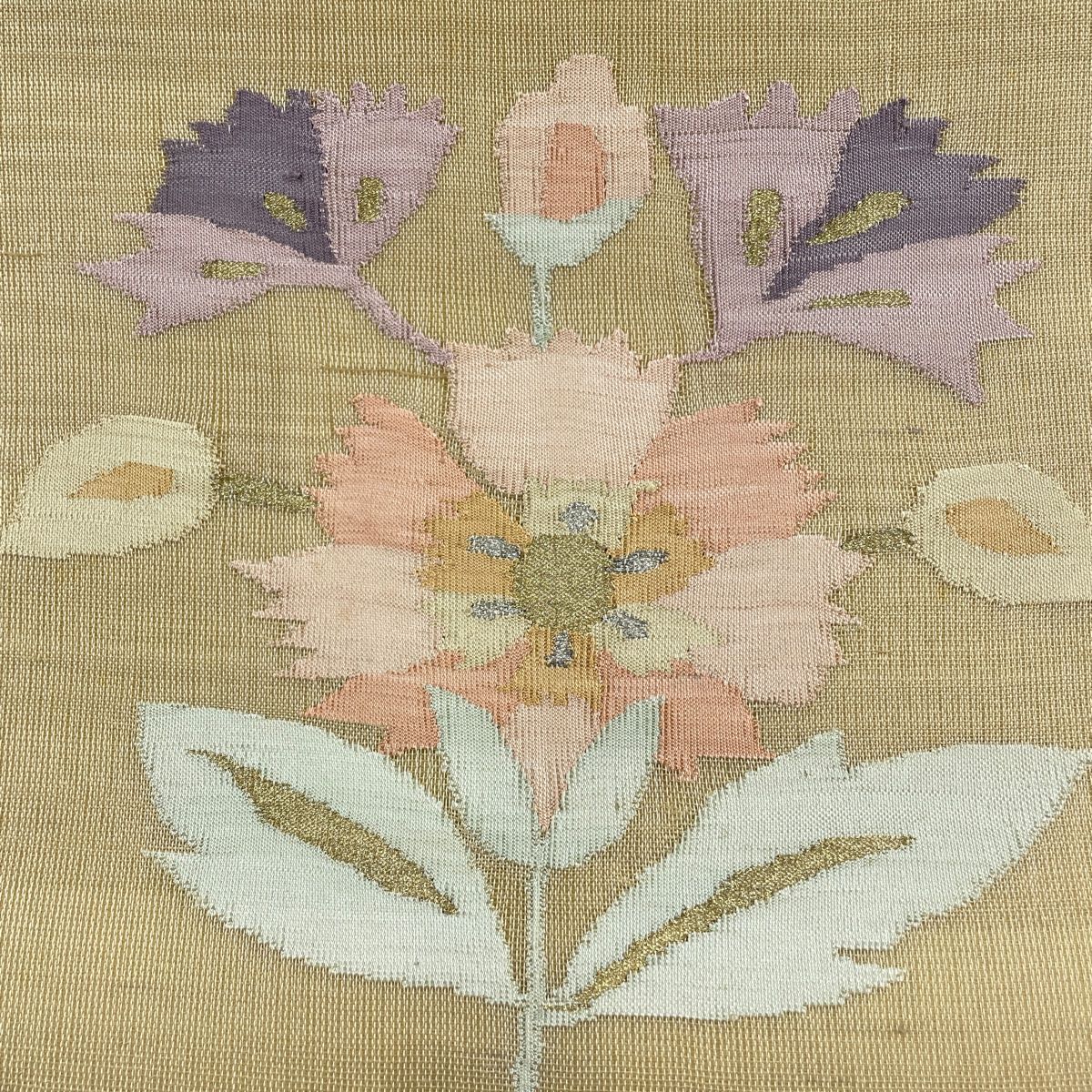 袋帯 秀品 夏帯 紗 草花 金銀糸 黄土色 お太鼓柄 正絹 【中古