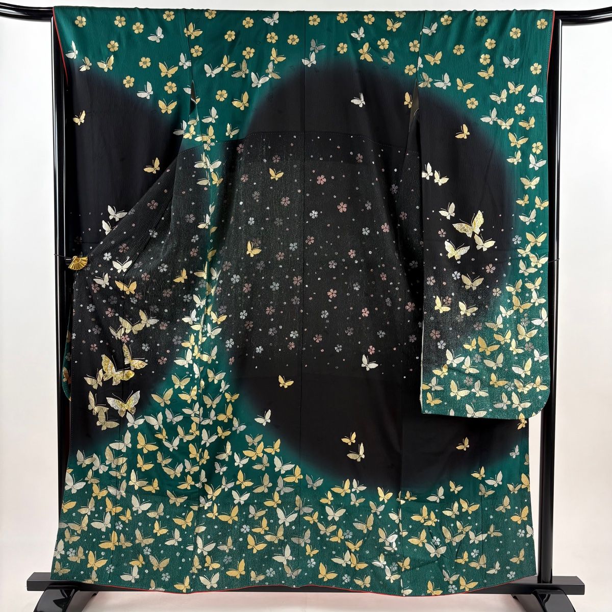 振袖 身丈159cm 裄丈66cm M 袷 蝶 桜 金銀彩 ラメ 黒 正絹 秀品