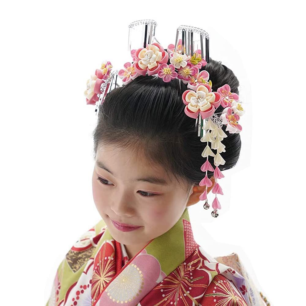 七五三 髪飾り 七歳 7才 日本髪 3点セット 桜ピンク つまみ髪飾り つまみ細