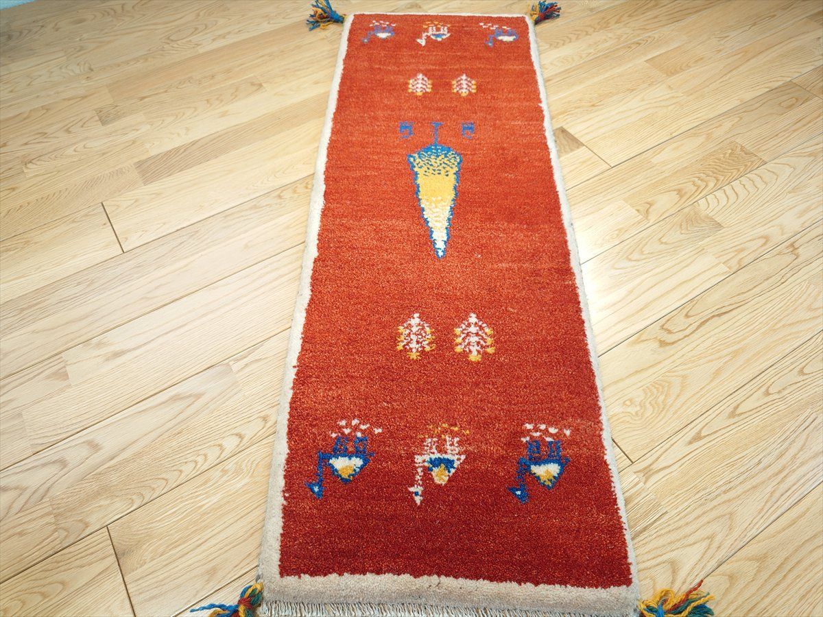 ペルシャ ギャッベ ミニランナー ラグ 115x40㎝ 茜色 ベージュ