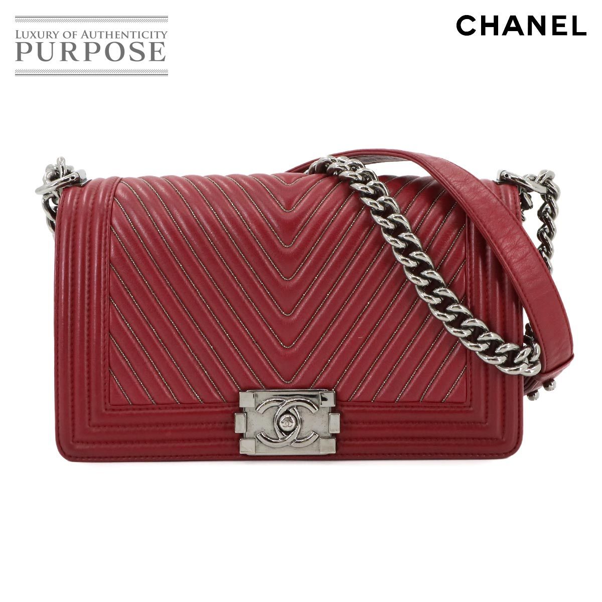 シャネル CHANEL ボーイシャネル チェーン ショルダー バッグ レザー レッド A67086 シェブロン Vステッチ シルバー 金具 90285023