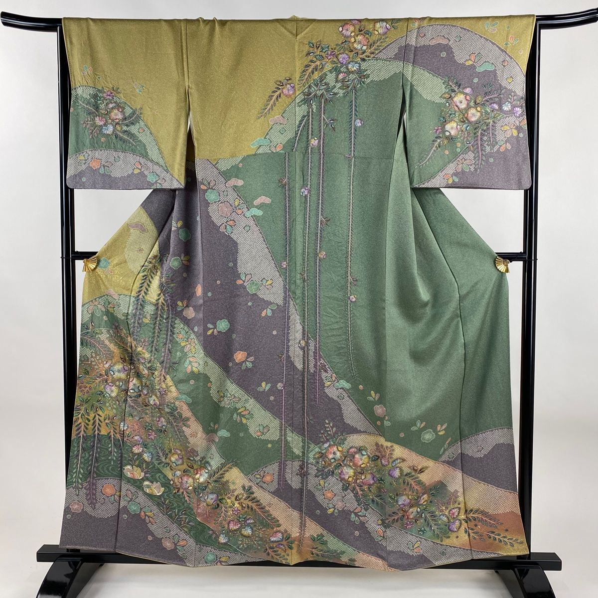 【美品】 訪問着 身丈157.5cm 裄丈65cm M 袷 辻が花柄 流水 絞り 金彩 灰緑 正絹 名品 【】