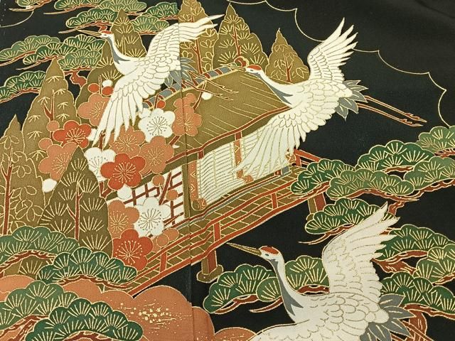 作家物 黒留袖 裄66 金彩 扇に花模様 鶴 着物 正絹 五つ紋 RK-5211 P1015084_1400x.jpg?v=1736499259