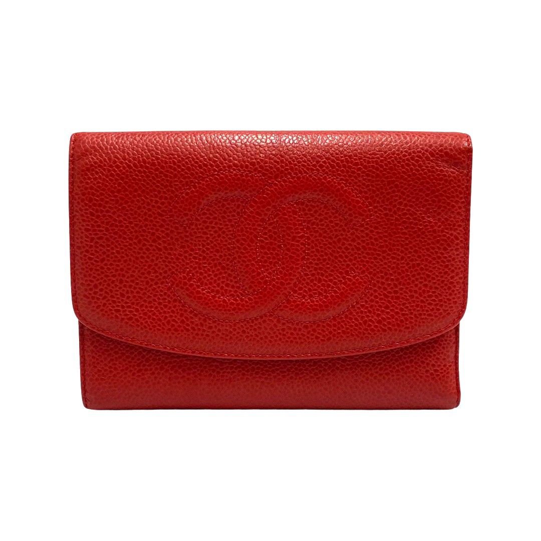 極 美品 シール有 5番台 CHANEL シャネル ココマーク キャビアスキン レザー 本革 二つ折り 財布 ウォレット レッド 28133