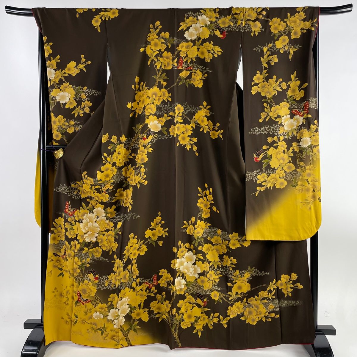 振袖 身丈167cm 裄丈69.5cm L 袷 蝶 枝花 金糸 金彩 茶色 正絹 