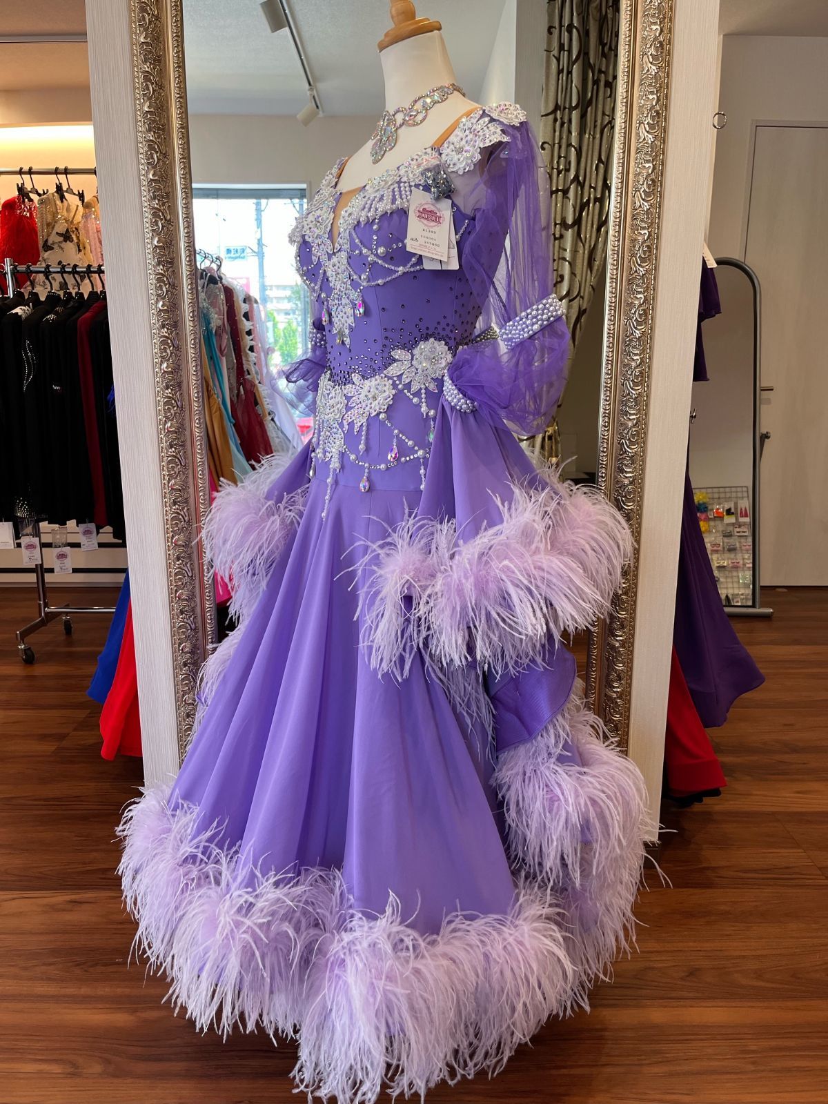 【美品】ピンク　オーストリッチ　リフォーム素材　社交ダンス　ドレス　シフォン 美品】ピンク オーストリッチ リフォーム素材 社交ダンス ドレス