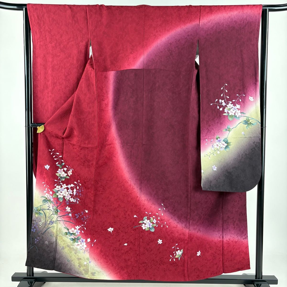 振袖 身丈157cm 裄丈65cm M 袷 やまと 桔梗 シルエット 金銀彩 箔 えんじ色 正絹 秀品
