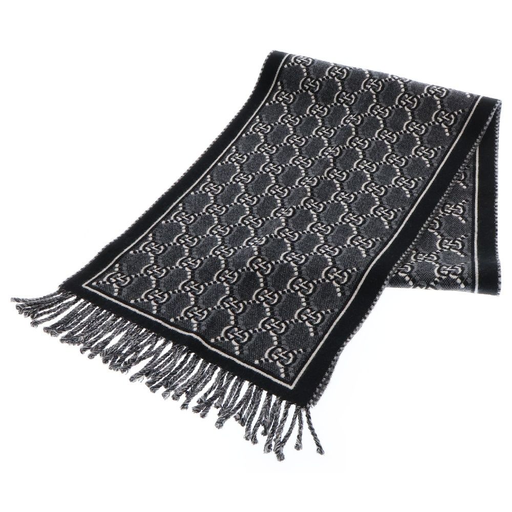 GUCCI グッチ GGジャガード 総柄ウールニットマフラー ブラック|グレー 795276-4G200