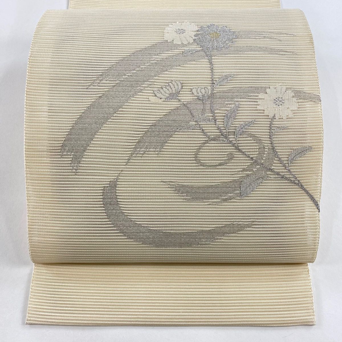 名古屋帯 秀品 八寸名古屋帯 夏帯 トンネル仕立て 枝花 渦巻き 金銀糸 ベージュ 正絹