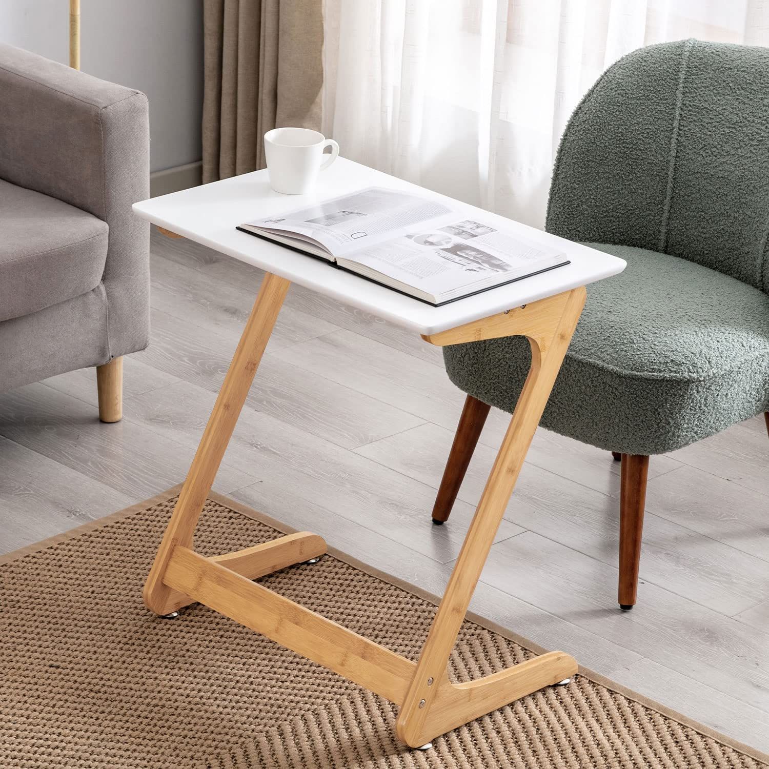 ソファ サイドテーブル リビング パソコンテーブル Z字型 使い勝手が良い おしゃれ MDF材 人気 コンパクト 勉強台 食卓 ベッドサイド 物置台 ipadデーブル 頑丈 白 幅60cm×奥行40cm×高さ60cm