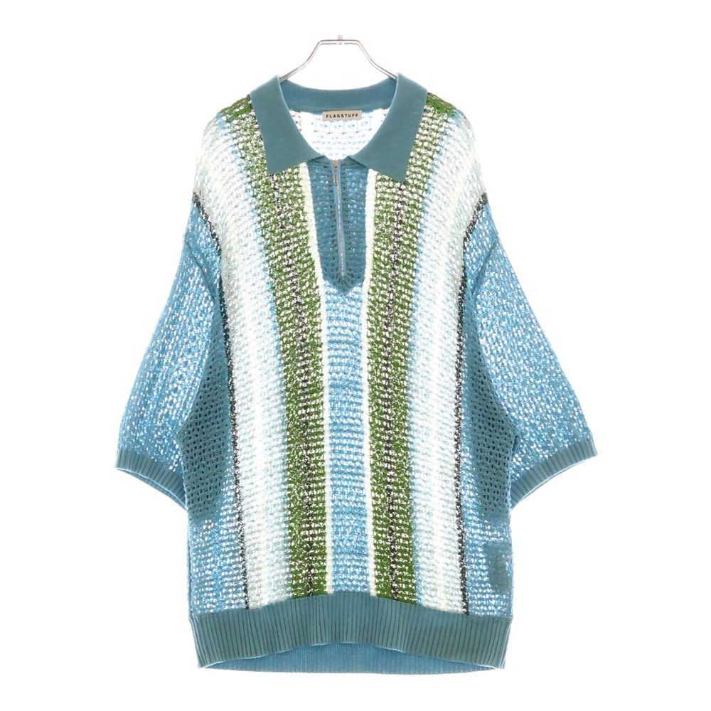 F-LAGSTUF-F フラグスタフ 24SS STRIPE S|S H|Z SUMMER SWEATER ストライプ総柄 ハーフジップ 半袖 サマーセーター ニット ポロシャツ ライトブルー|グリーン FS1476