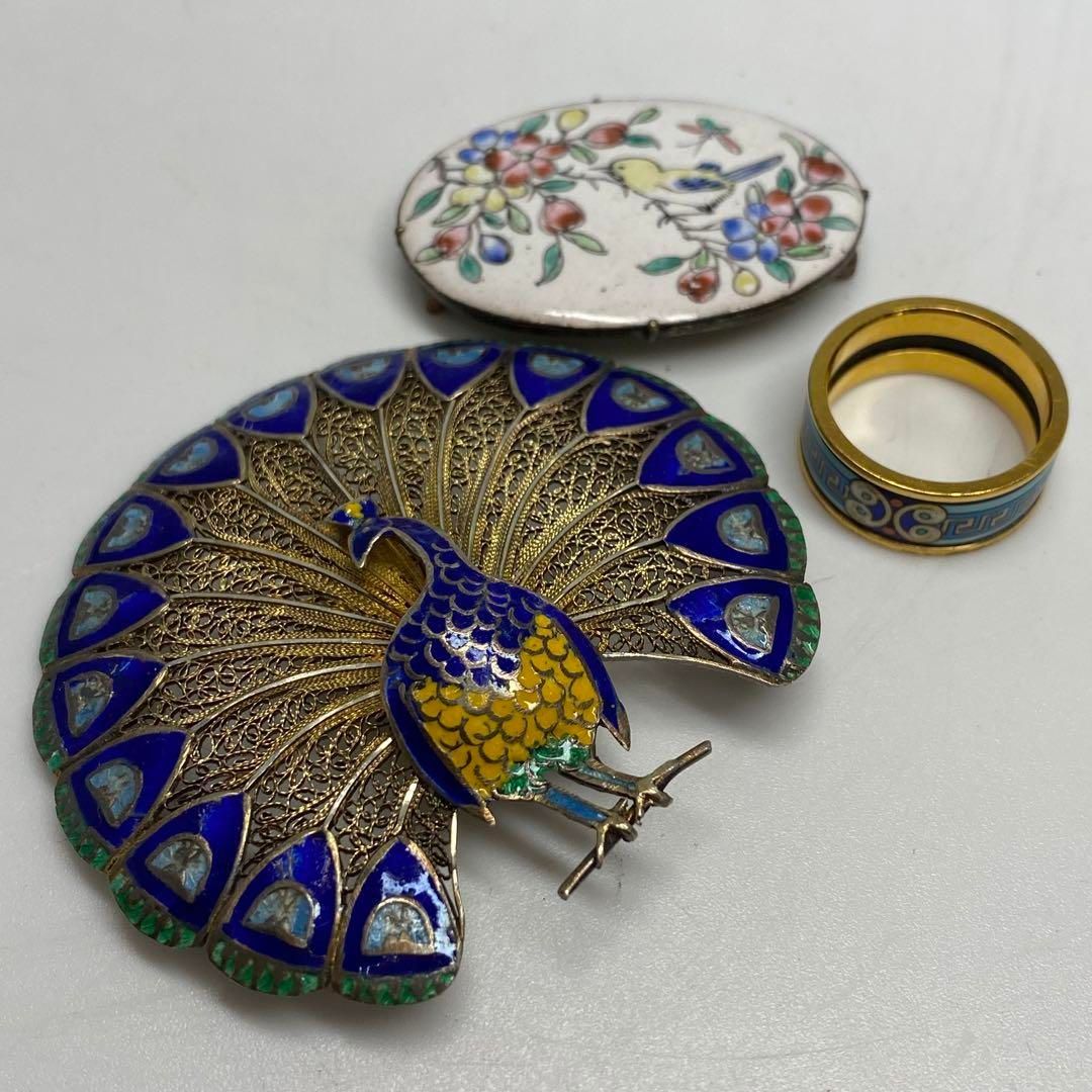 銀七宝 孔雀ブローチ等 販売 121g 東H6-0428ア11 純銅の七宝と孔雀の