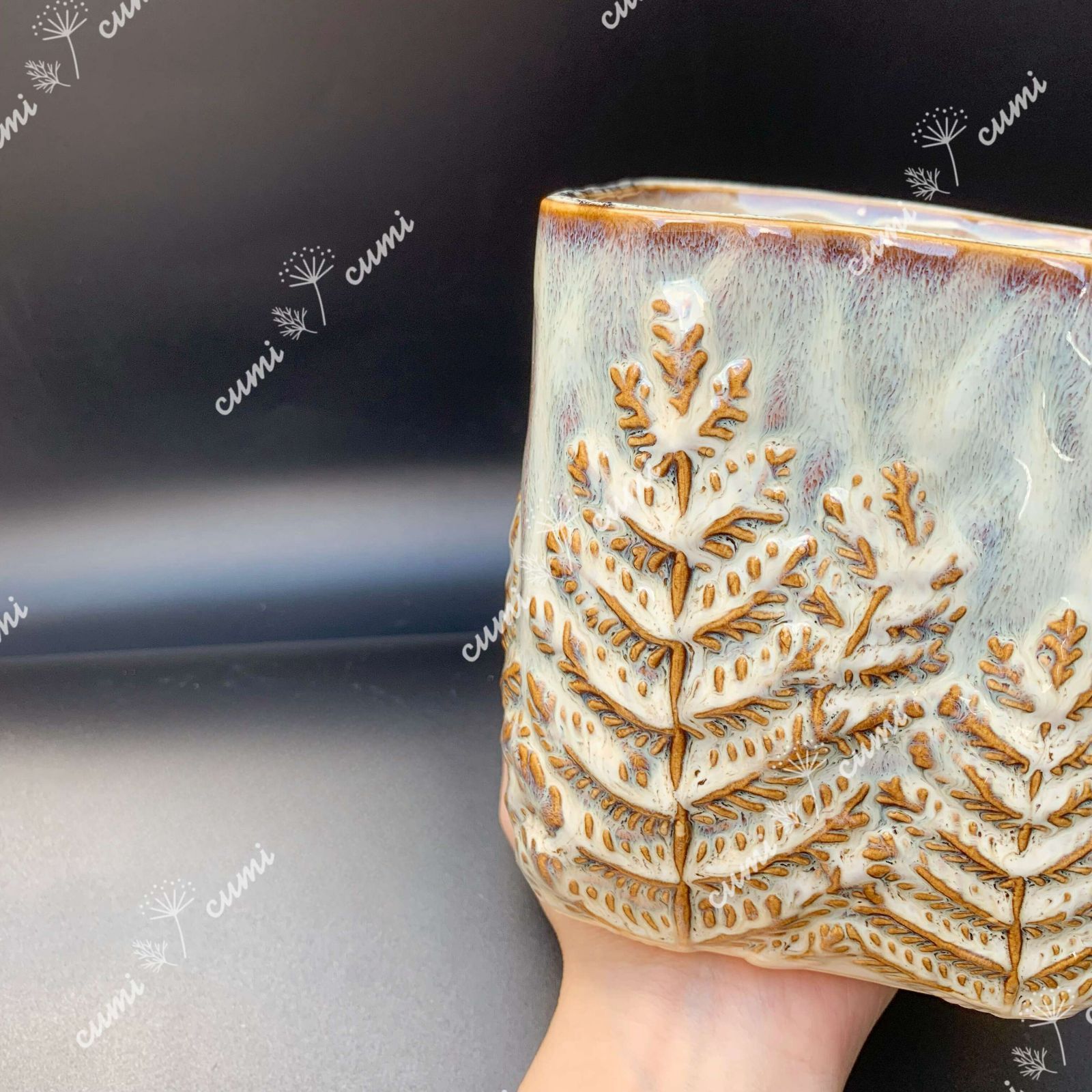 N0183 ドイツ 4.5号 四角 針葉樹 モチーフ 植木鉢 浮彫 窯変