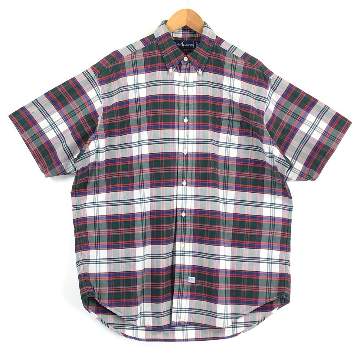【古着】 RALPH LAUREN ラルフローレン チェックシャツ ボタンダウン 90年代 半袖 マルチカラー メンズL 【中古】 n024896