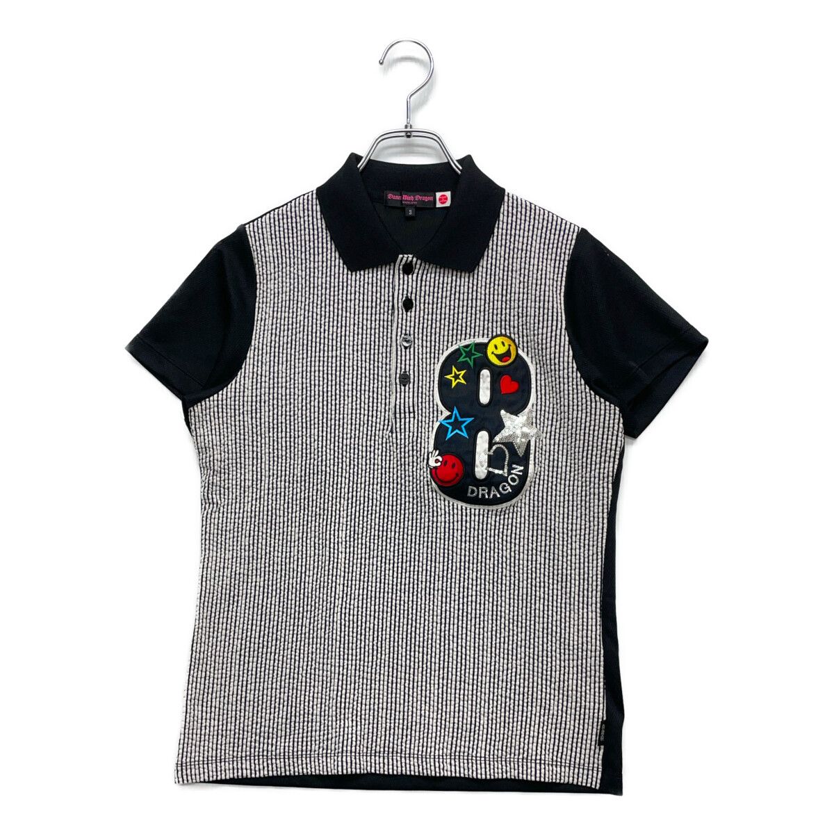 中古 レディース ダンスウィズドラゴン DANCE WITH DRAGON 半袖ポロシャツ 3(L) 黒×白 ストライプ