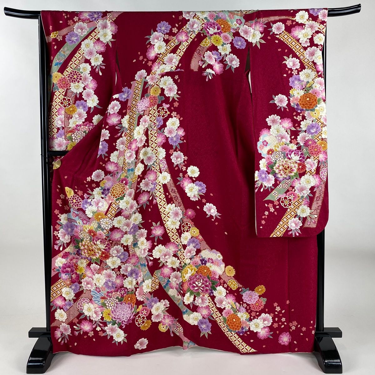 振袖 身丈168cm 裄丈67.5cm L 袷 雪輪 牡丹 銀通し 金糸 濃ピンク 正絹