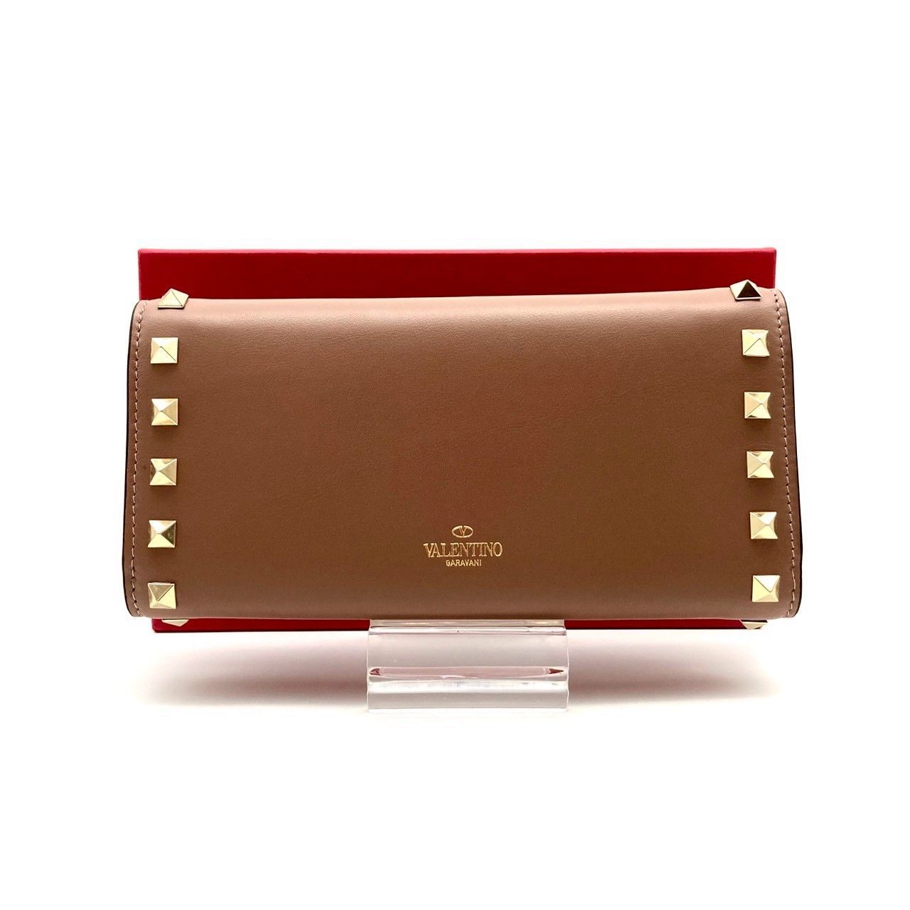 新品未使用VALENTINO スタッズ付きブラウンバッグ ヴァレンティノ 三つ折り長財布 ロックスタッズ ブラウン 新品未