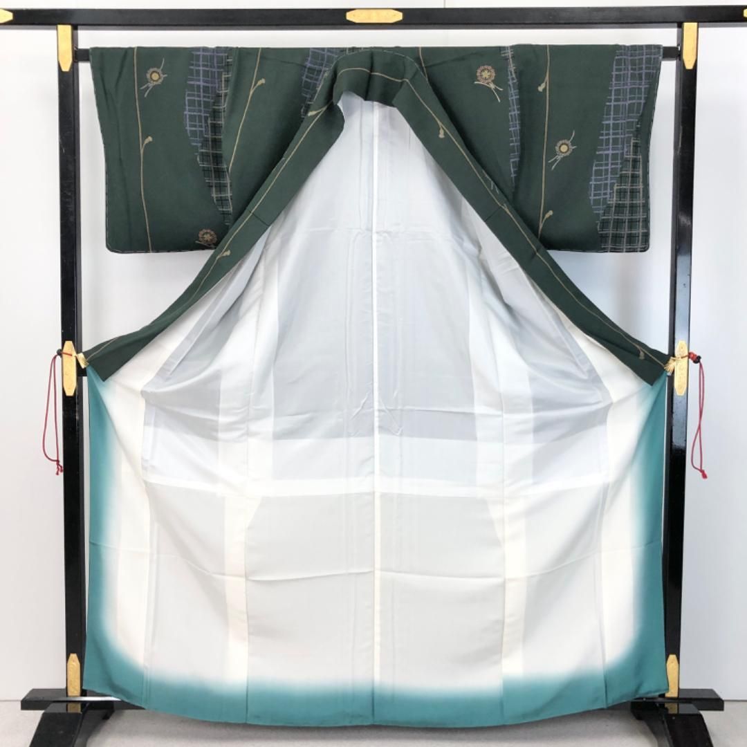 小紋 縦柄 丸に花模様 組紐 黒緑色 しつけ糸 ガード加工 K-5286