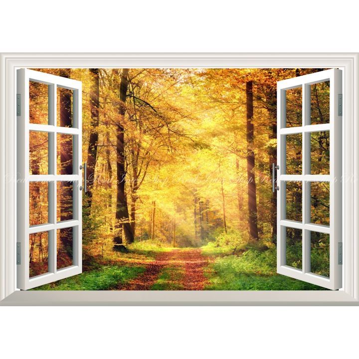 絵画風 壁紙ポスター (はがせるシール式) -窓の景色- 緑黄紅の森林と陽射しのシャワー 紅葉 森林浴 森の小道 【窓仕様／トリックアート】 キャラクロ KYO-020MA1 (A1版 830mm×585mm) ＜日本製＞ ウ