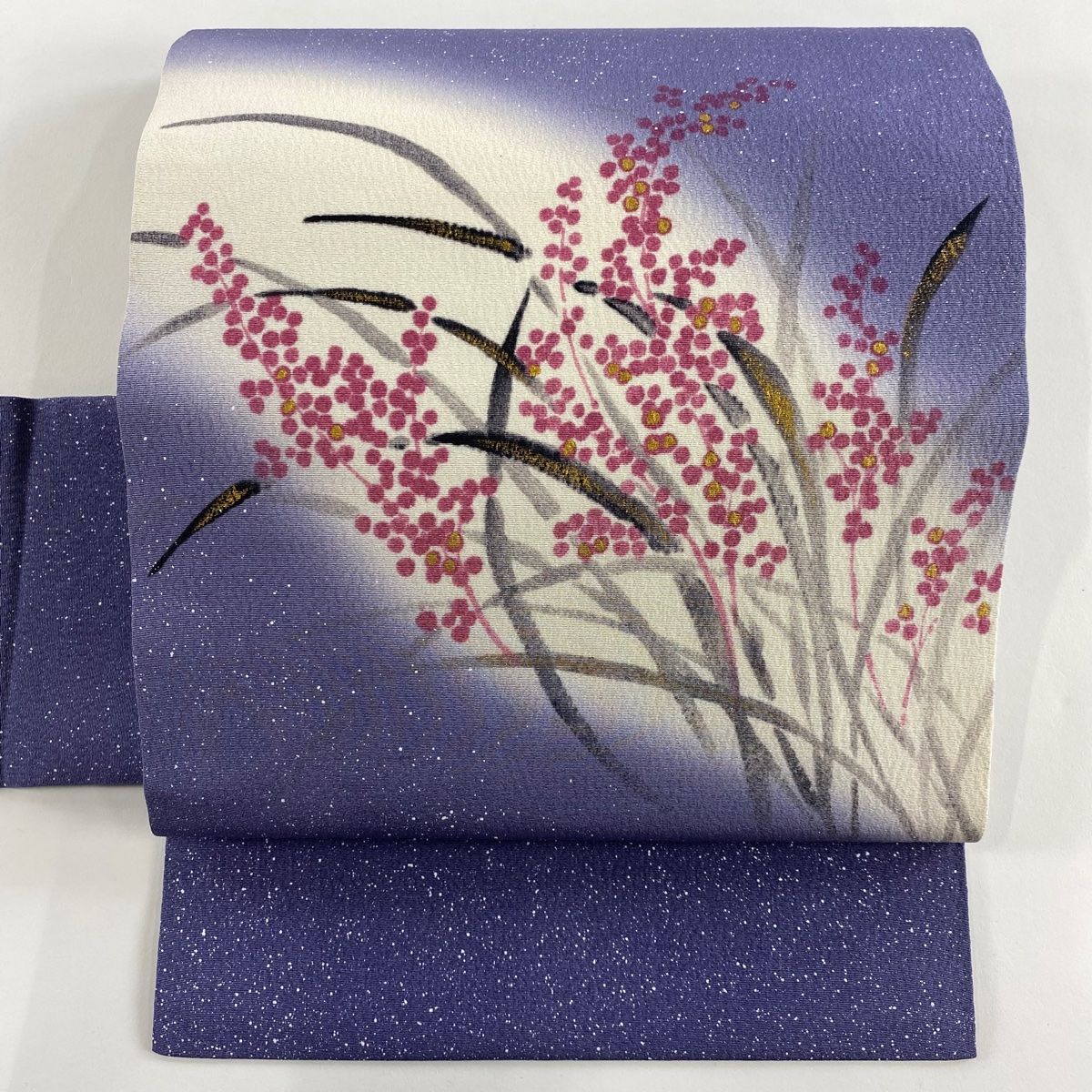 名古屋帯 秀品 落款 山科春宣 葉 実 金彩 紫 正絹