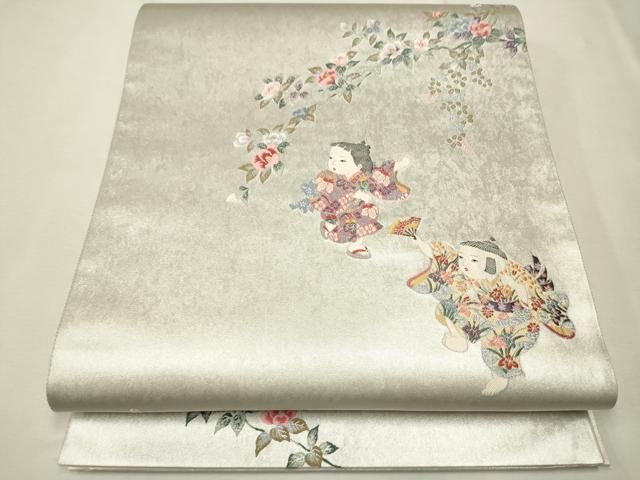 平和屋着物○京人形師 関原紫水監修 太鼓柄袋帯 紅花染め 童子花