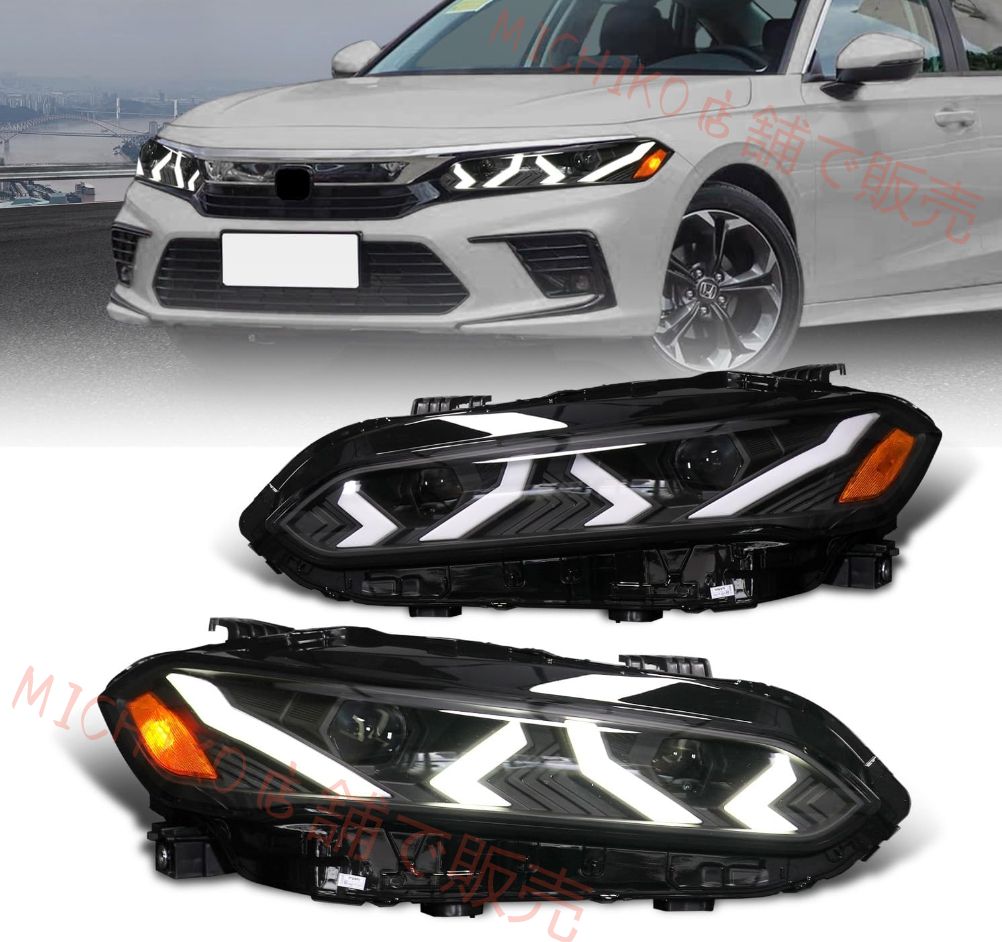 シビック FL1 FL4 FL5 タイプ R プロジェクターヘッドライト ランボルギーニ風 全 LED 流しウインカー オープニング機能付 純正交換用 ポン付き左右 2 個セット 2021 年～現行対応