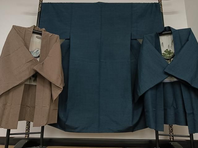 平和屋着物●男性　紬　アンサンブル　羽織2点セット　色無地　濃藍色×煤竹色　正絹　逸品　AAAW9152zg 平和屋着物○男性 紬 アンサンブル 羽織2点セット 色無地 濃藍色×煤竹