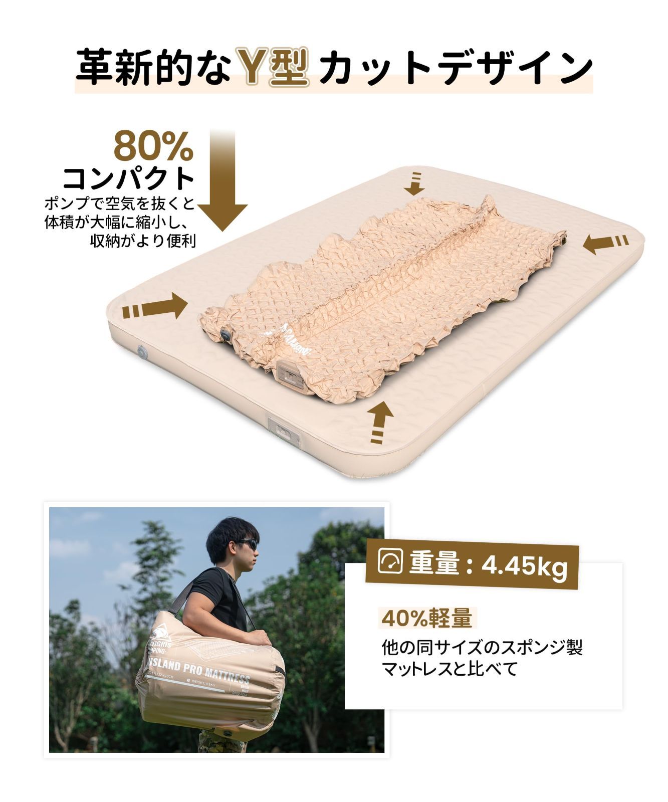 アウトドアマットレス 2人用 高弾性スポンジ 10cm 厚 電動ポンプ内蔵 静音 無臭 高R値 インフレーターマット 耐荷重200kg 軽量 PRO コンパクト収納 滑り止め加工 オールシーズン DYNISLAND 201 132cm キャンプ On