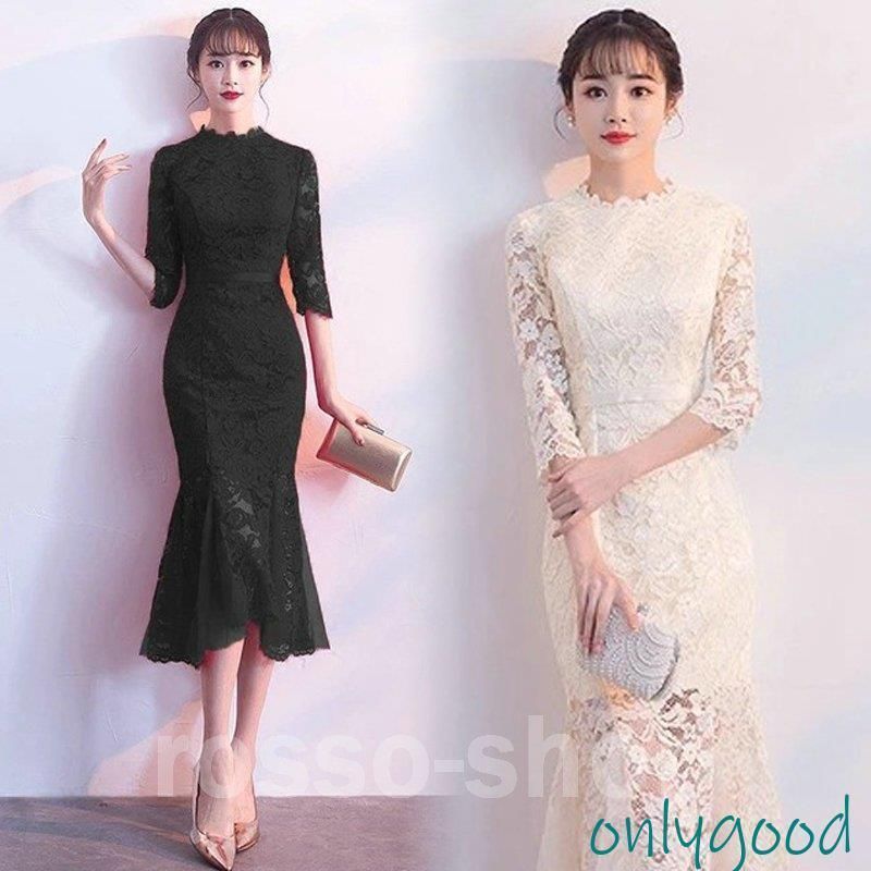 ドレス マーメイドドレス ワイン赤 レースドレス ミモレ丈 結婚式 二次会 お呼ばれ ゲストドレス 総レース 7分袖 緑 パーティ