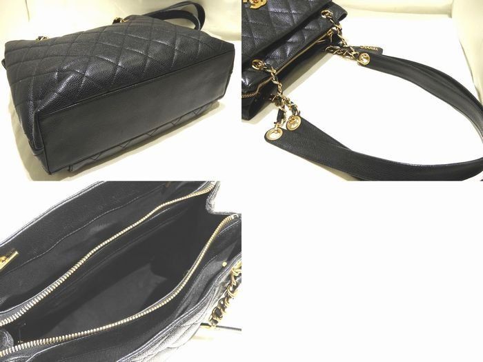 ヴィンテージ シャネル マトラセ チェーン ショルダー トートバッグ ブラック キャビアスキン ココマーク レディース ポケット 7I