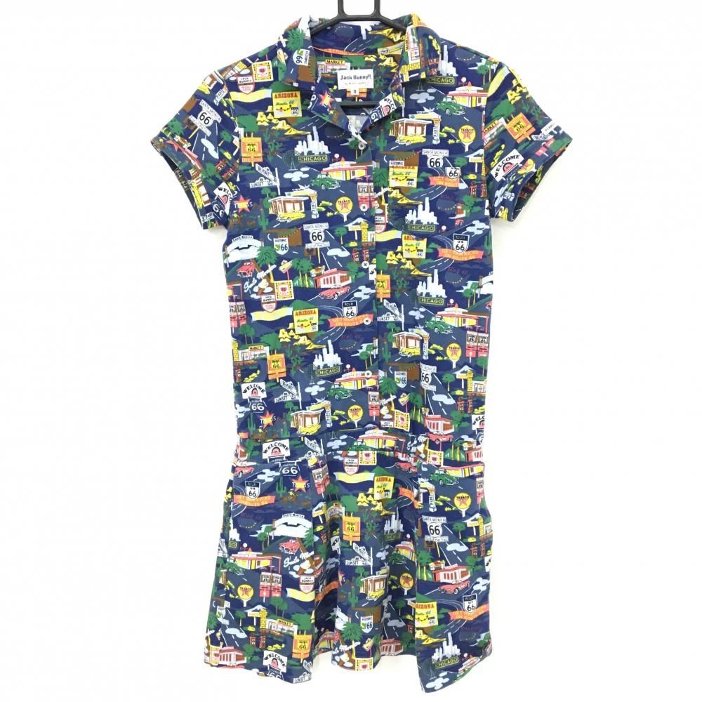 【美品】ジャックバニー 半袖ポロワンピース ネイビー×イエロー 総柄 レディース 0(S) ゴルフウェア Jack Bunny