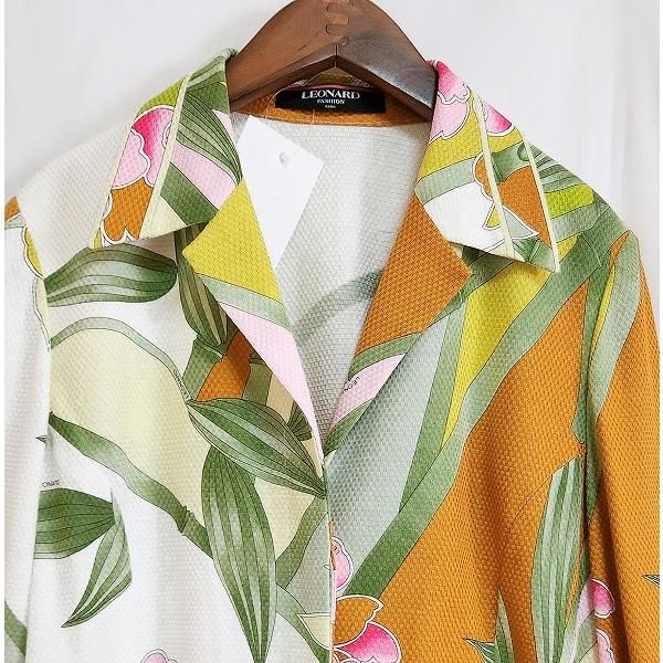 anc レオナール LEONARD ジャケット 11AR 白 オレンジ マルチ 花柄