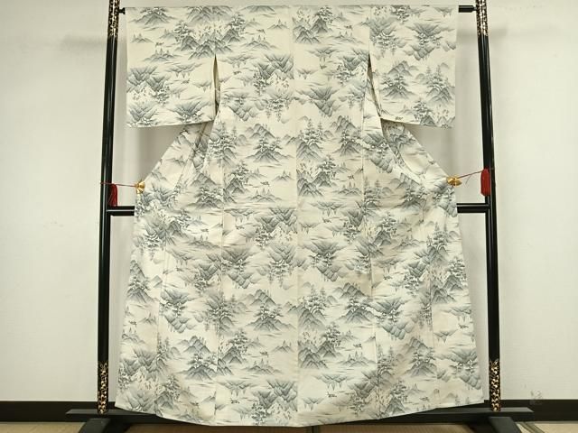 平和屋着物▽真綿結城紬　単衣　風景文　反端付き　正絹　逸品　未使用　AAAZ9297fy 平和屋着物▽真綿結城紬 単衣 風景文 反端付き 正絹 逸品 未使用