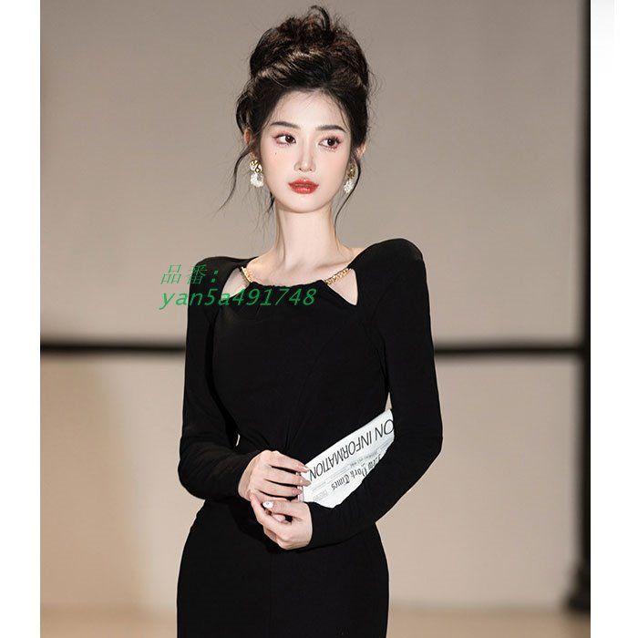 深スリット 胸元カットアウト 長袖ロングタイトワンピース 黒 キャバ スナック 韓国 ドレス レディース ラウンジ yan5a491748